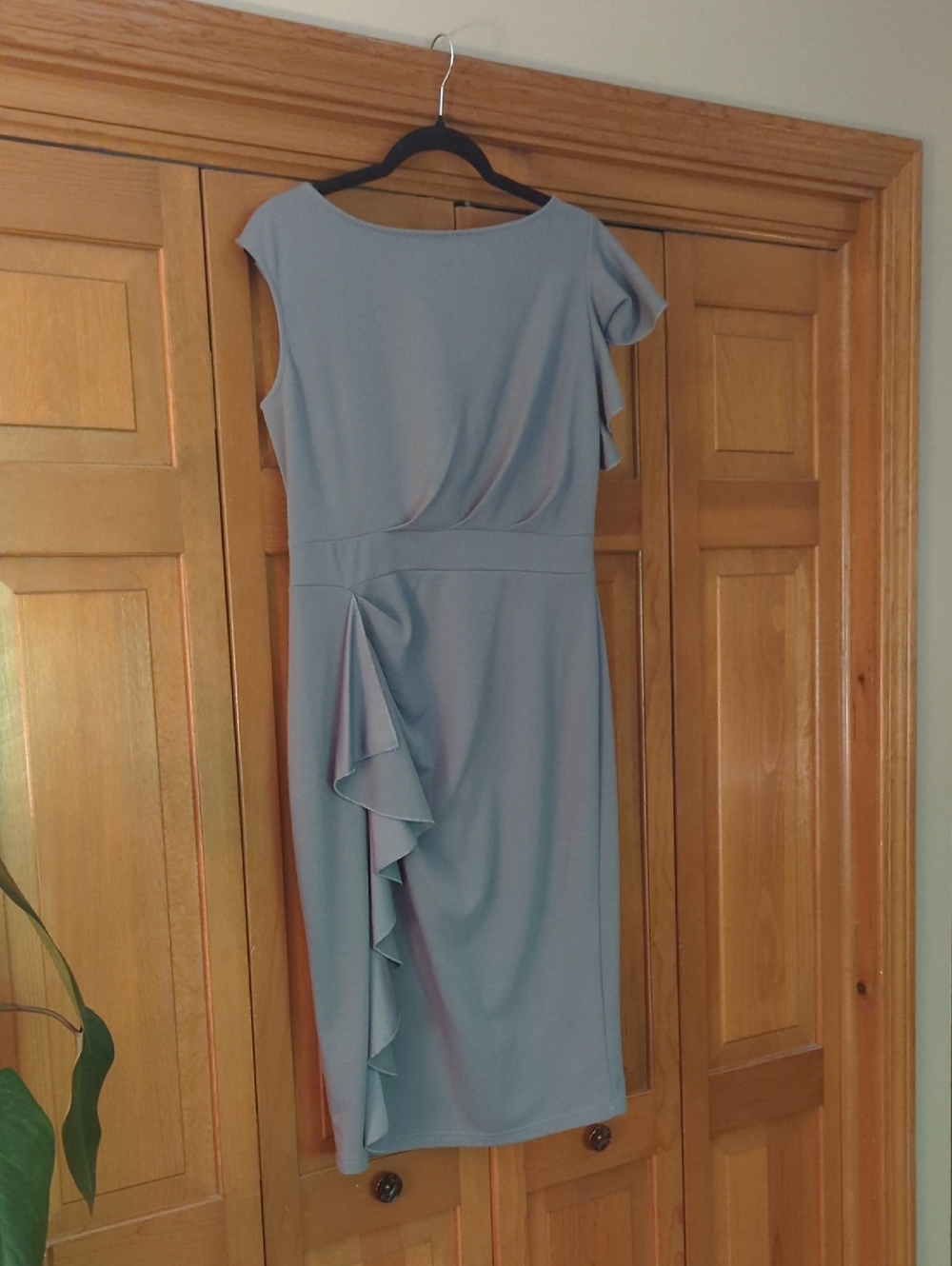 Quiet Luxury Asymmetrical Ruffle Dress L Sheath Gray Neutral by Aisize Timeless
